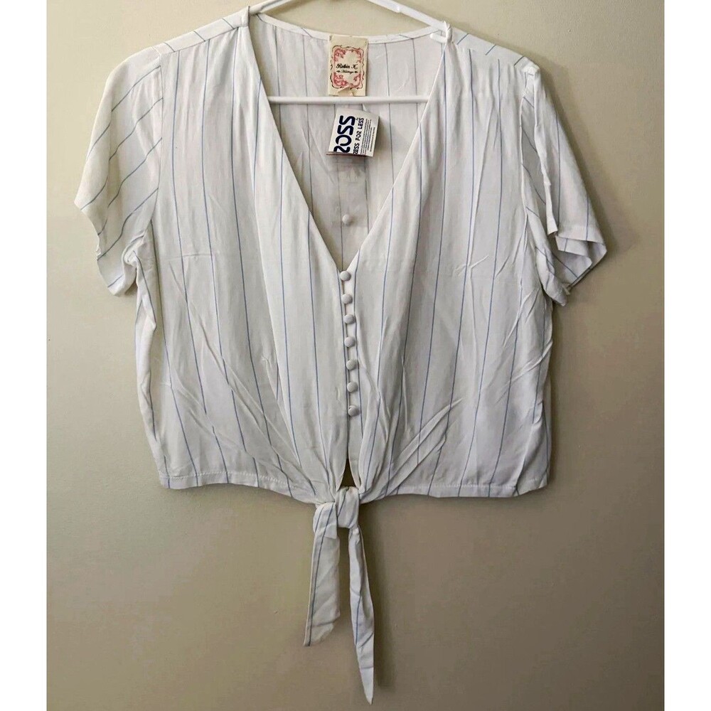 NWT Robin K Striped Tie-Front Cropped Blouse | V-Neck Button Up Short Sleeve